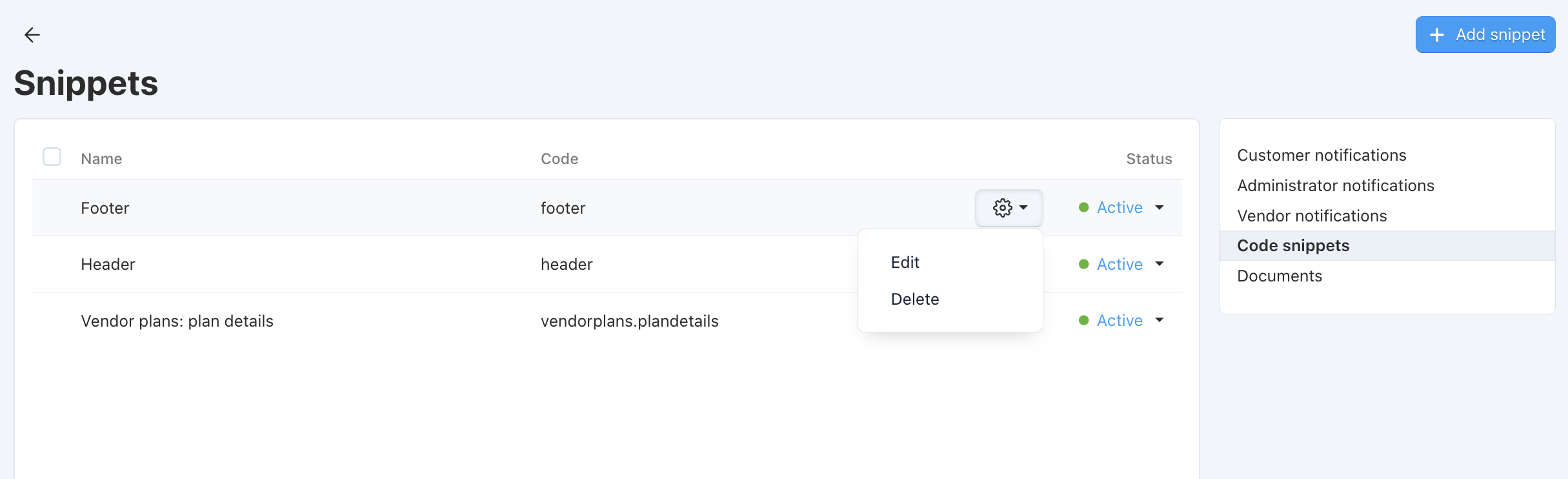 The list of snippets for email notifications.