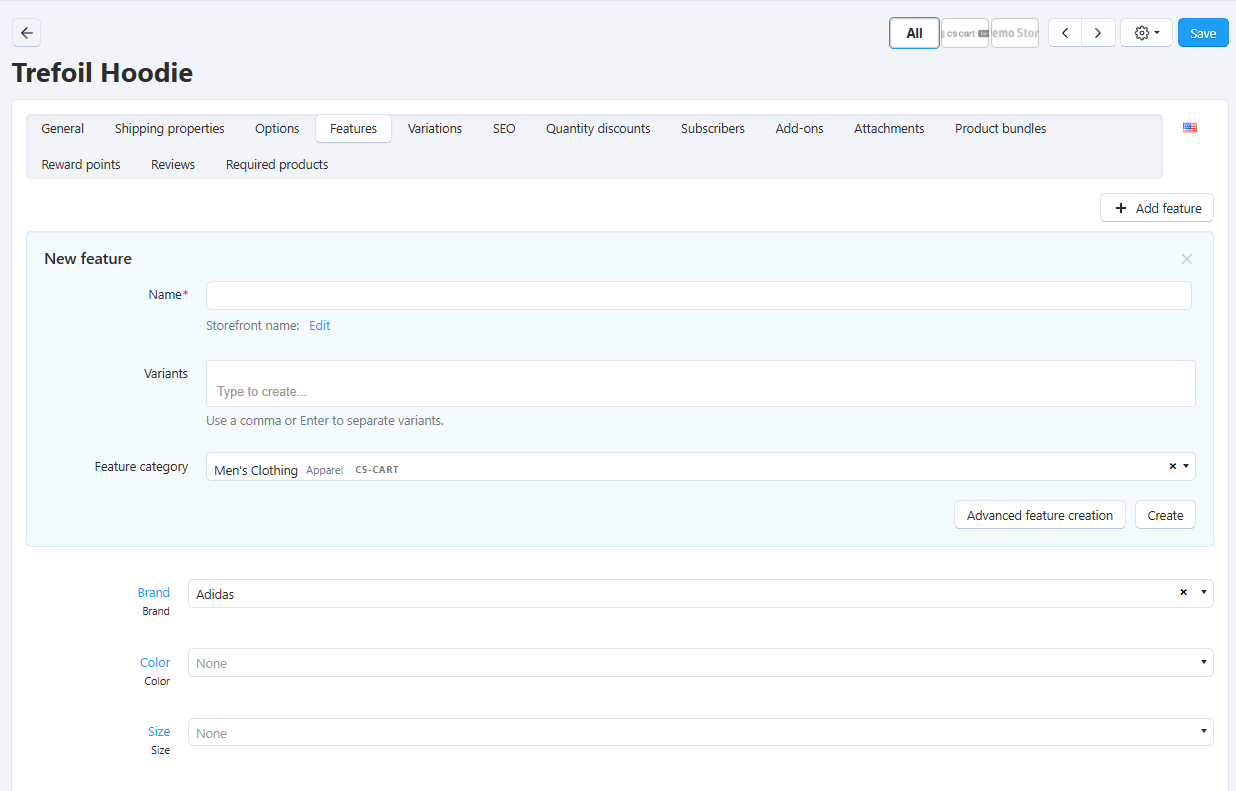 The feature creation from the product page