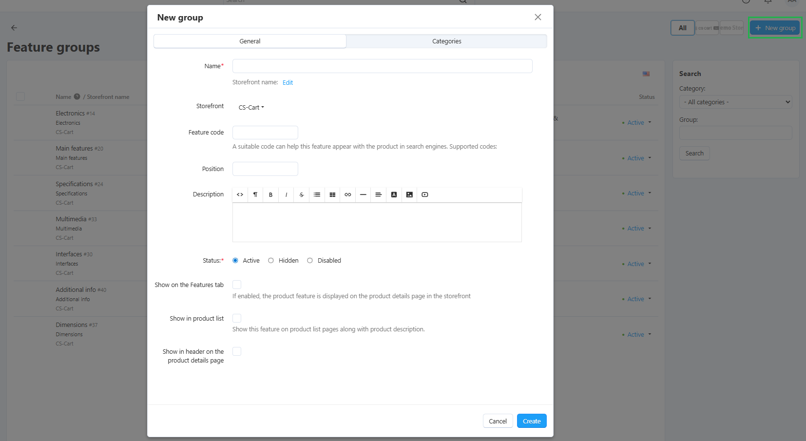 Configure the properties of the feature group.