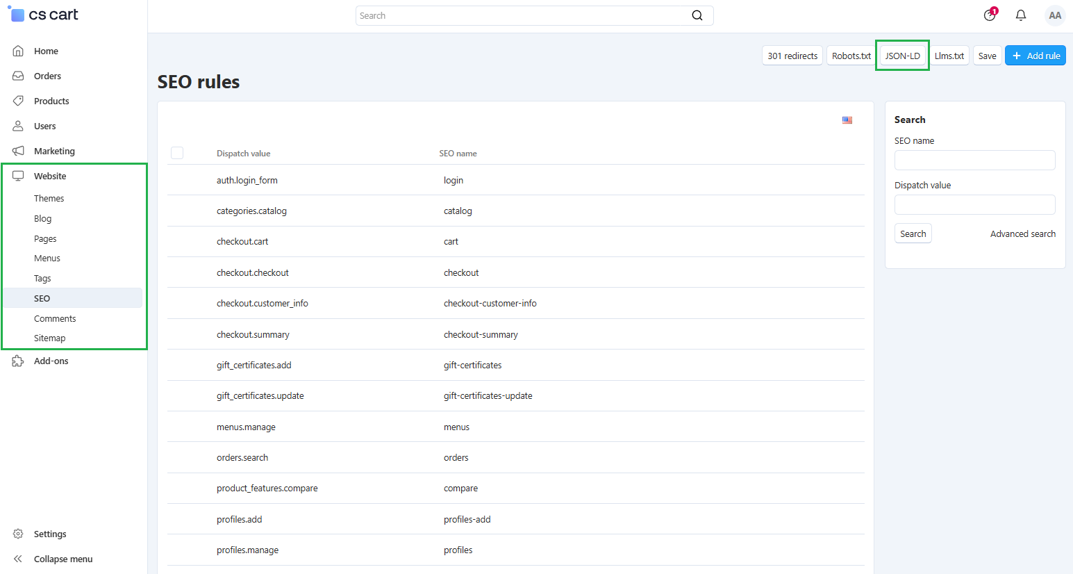 JSON-LD window in SEO section