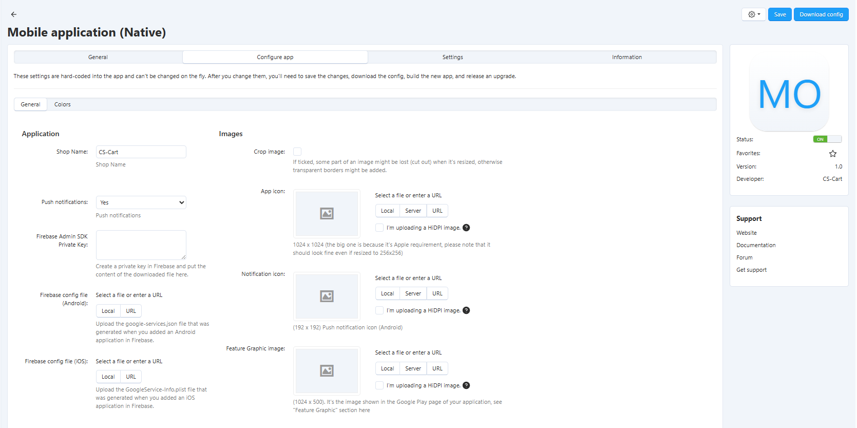The interface for editing images and app store texts of your mobile app.