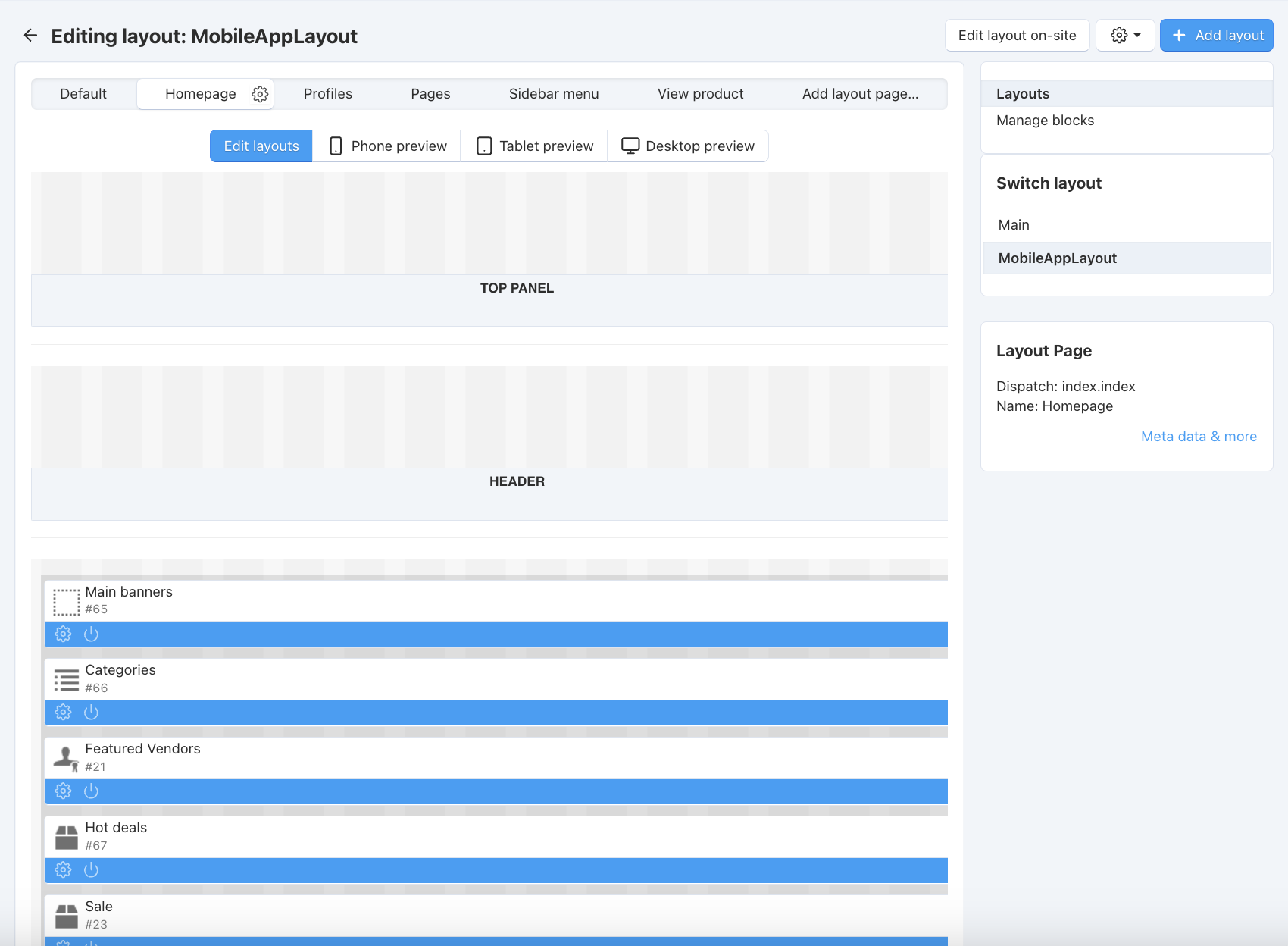 The interface for editing the colors of your mobile application.