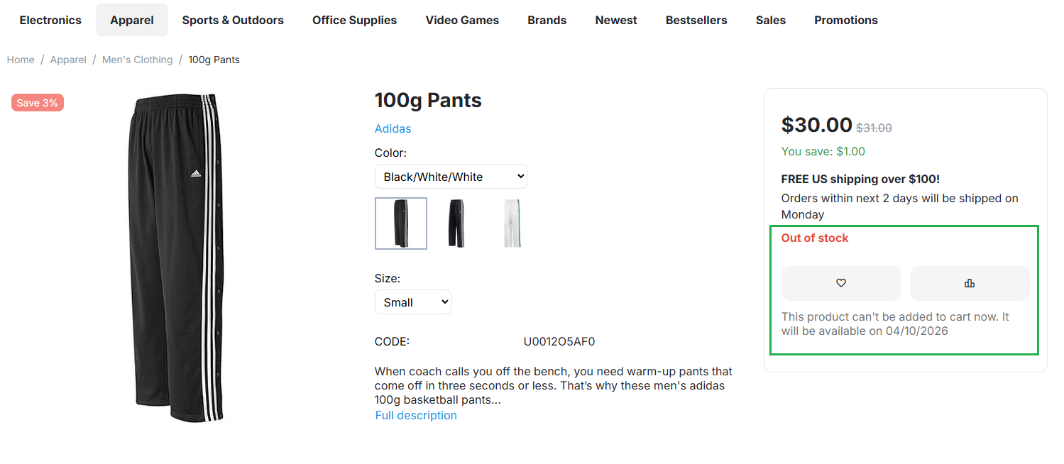 There is no Add to Cart button, but there is a message about when the product becomes available.