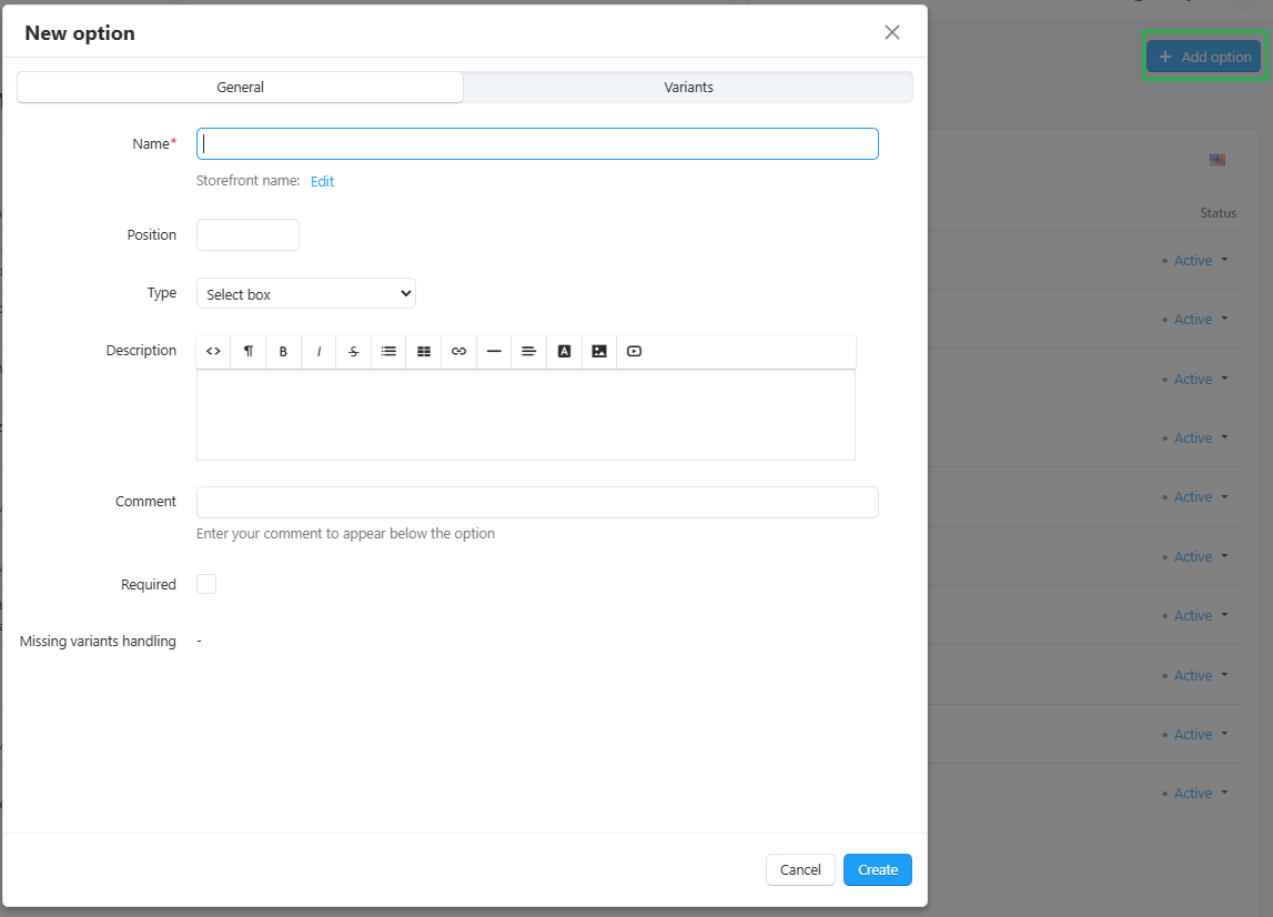 The option creation pop-up window in CS-Cart.