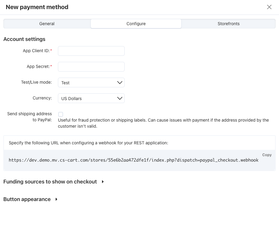 A PayPal Checkout Configure tab.