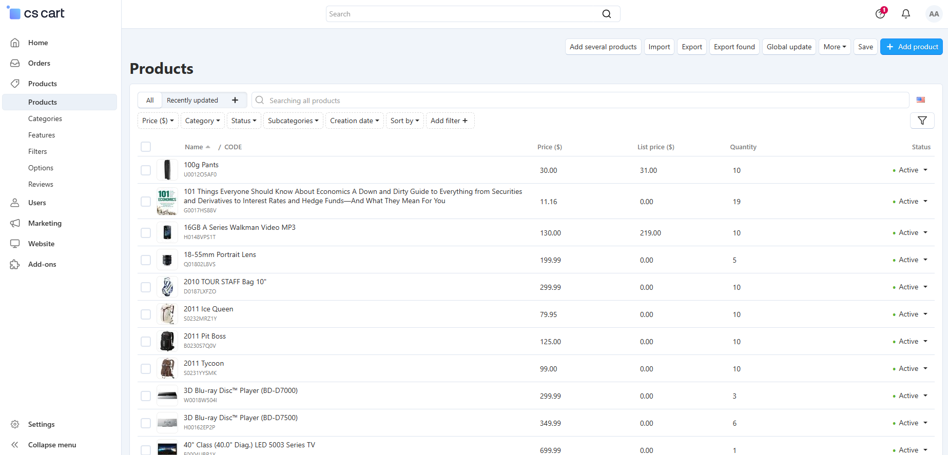 The product list in CS-Cart admin panel.