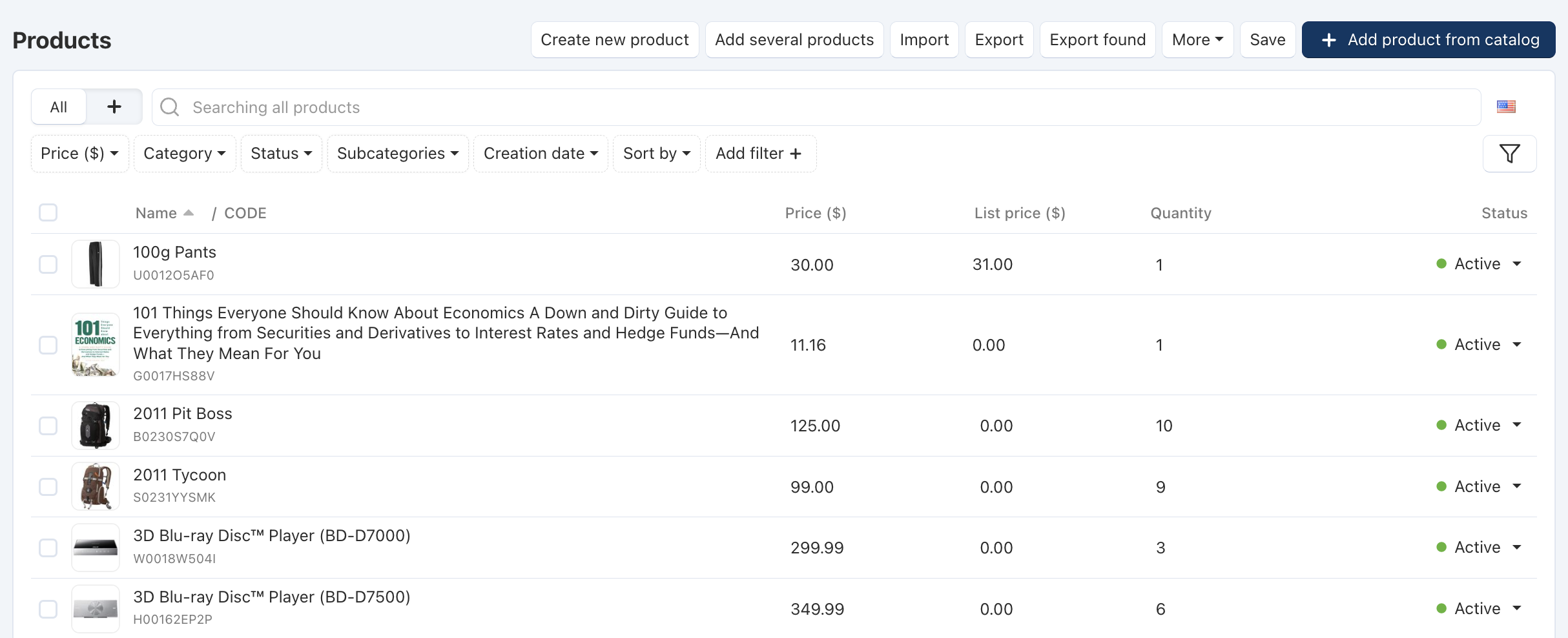 Product list for vendors.