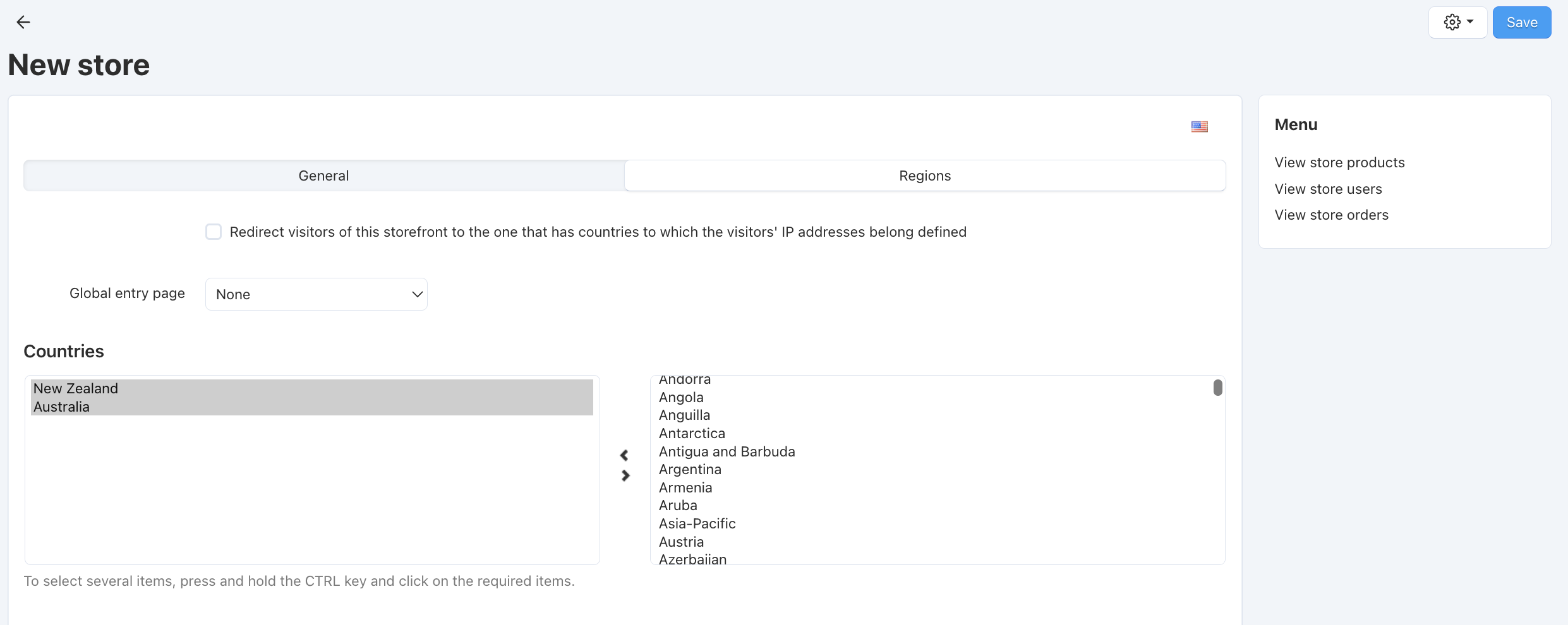 Assign countries to the storefront for the global entry point to redirect visitors choosing those countries to the specified storefront.