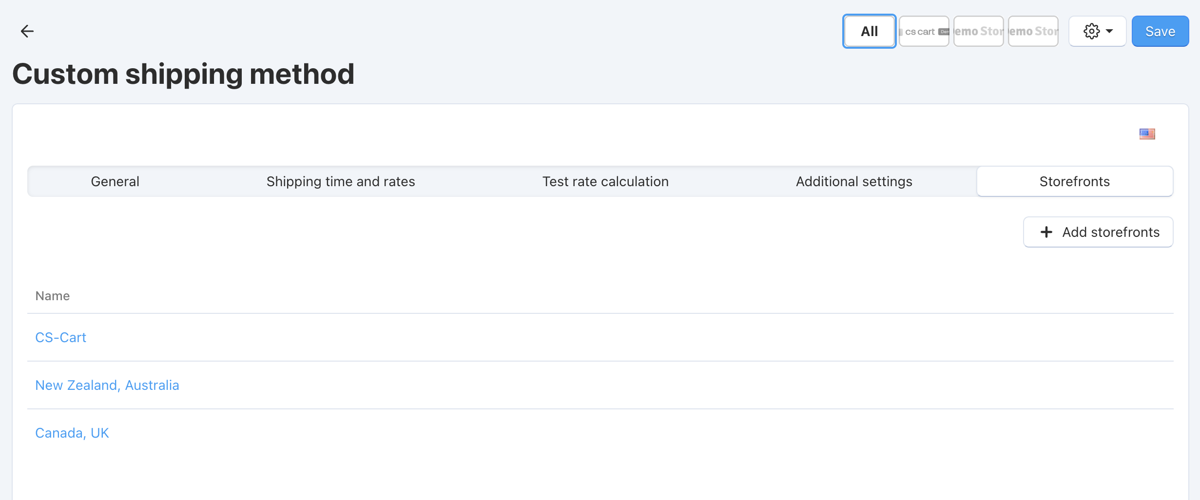 Use the Storefronts tab to share objects among storefronts.