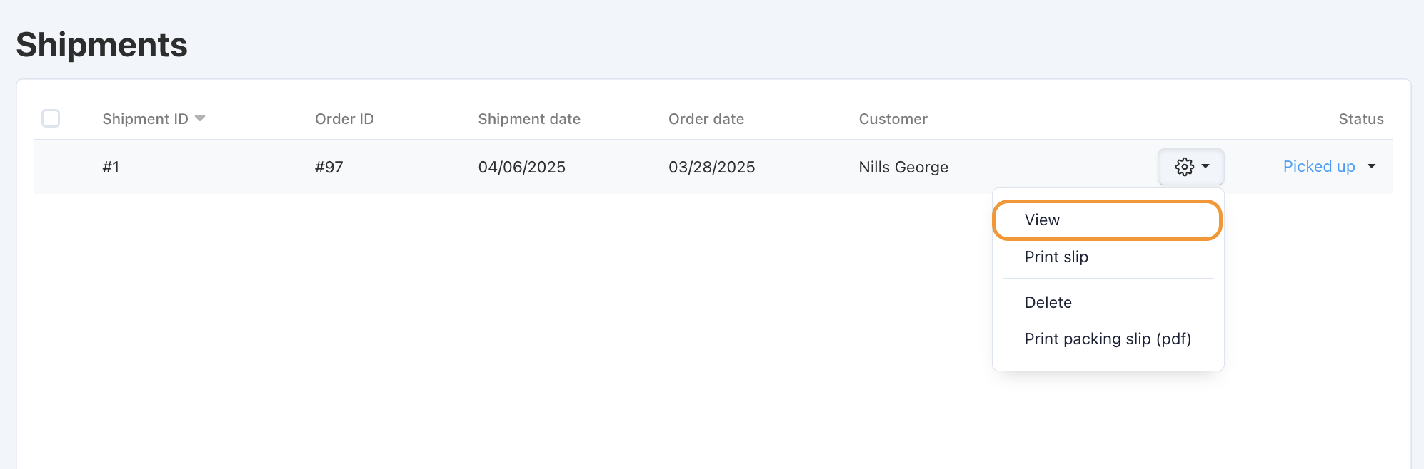 You can view all the existing shipments under Orders → Shipments.