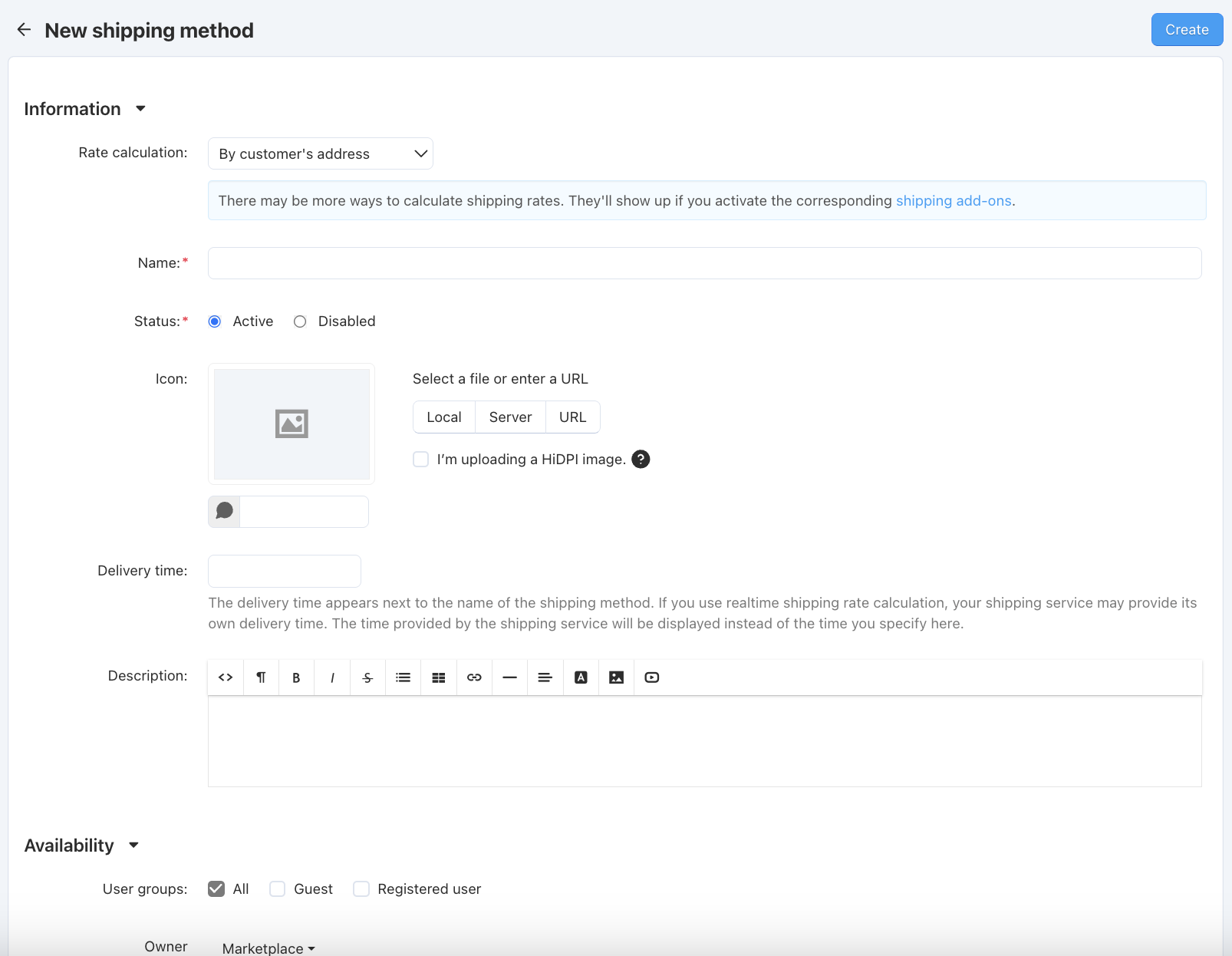 The shipping method creation page in CS-Cart and Multi-Vendor.