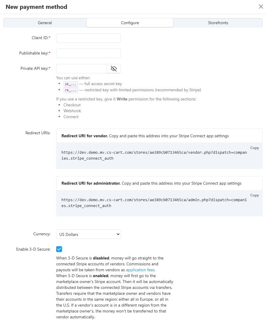 The Configure tab of the Stripe Connect payment method.