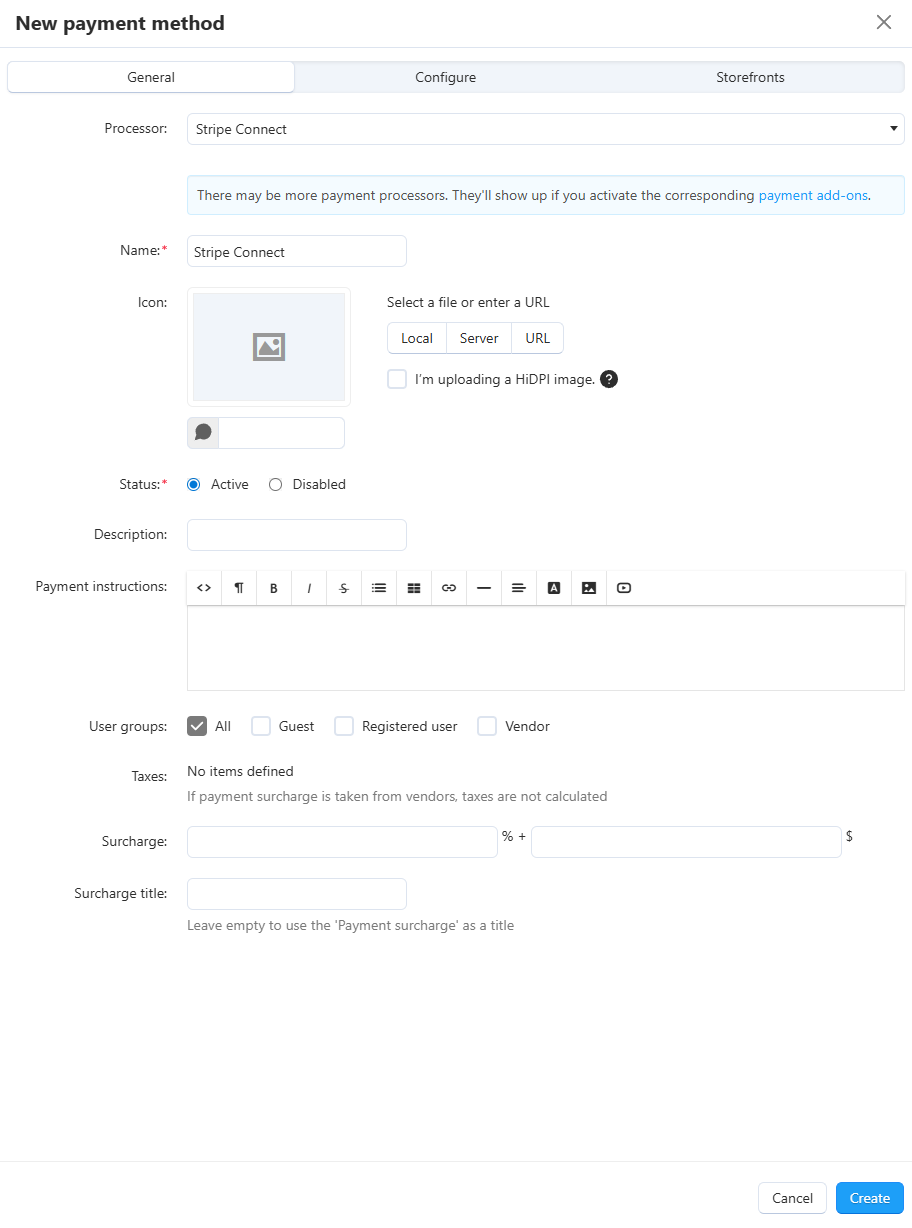 The General tab of the Stripe Connect payment method.