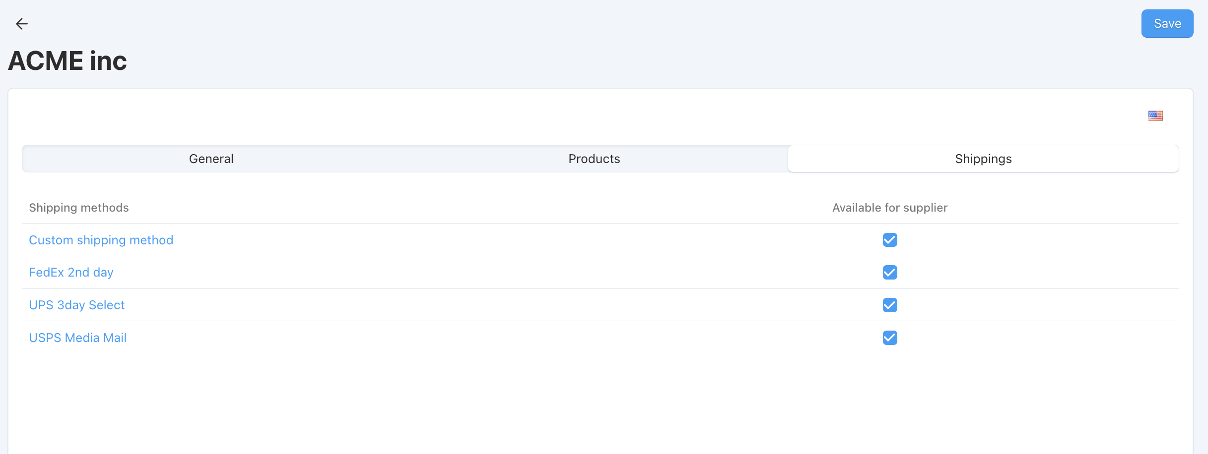 Tick the checkboxes to enable the corresponding shipping methods for the selected supplier.