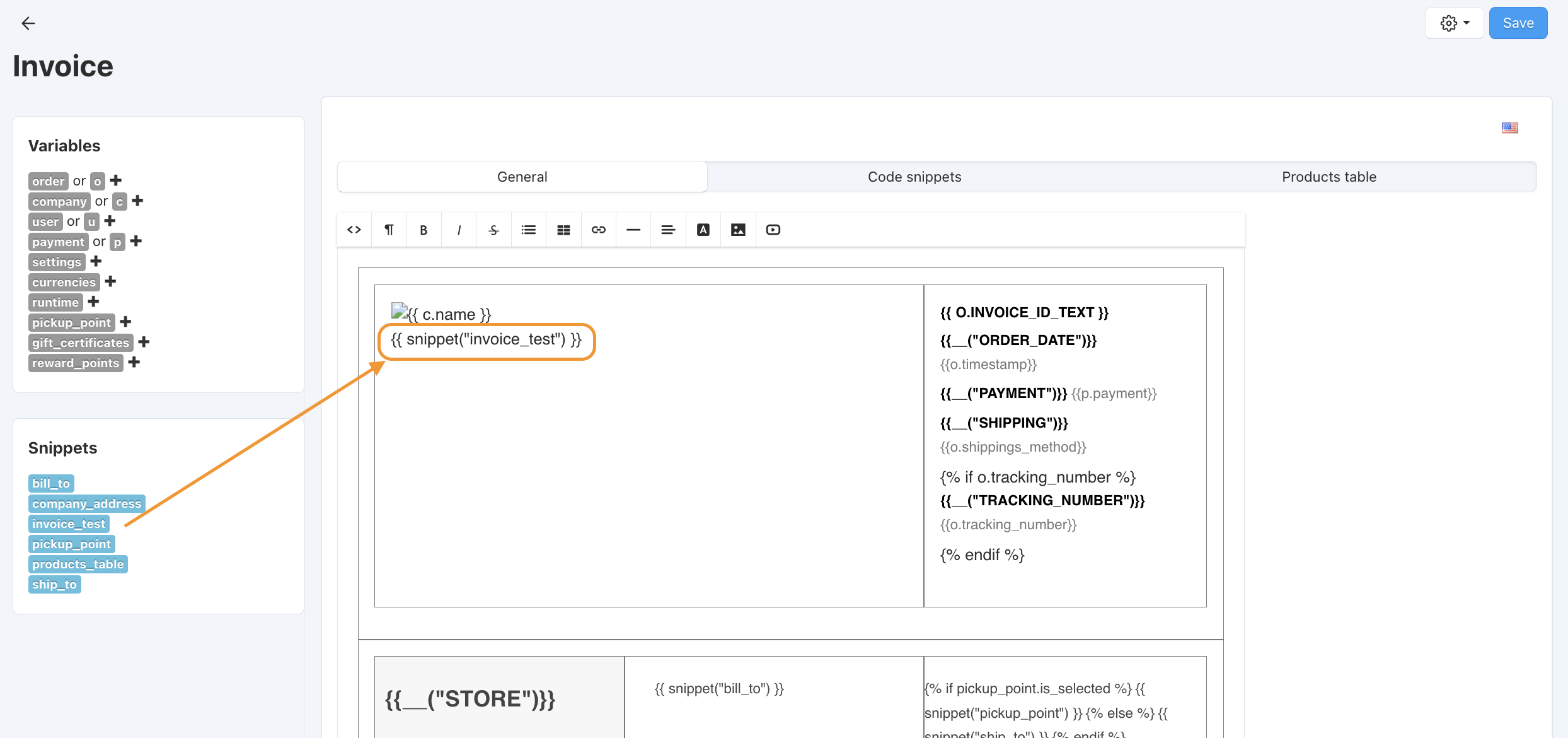 Inserting a snippet into a document.