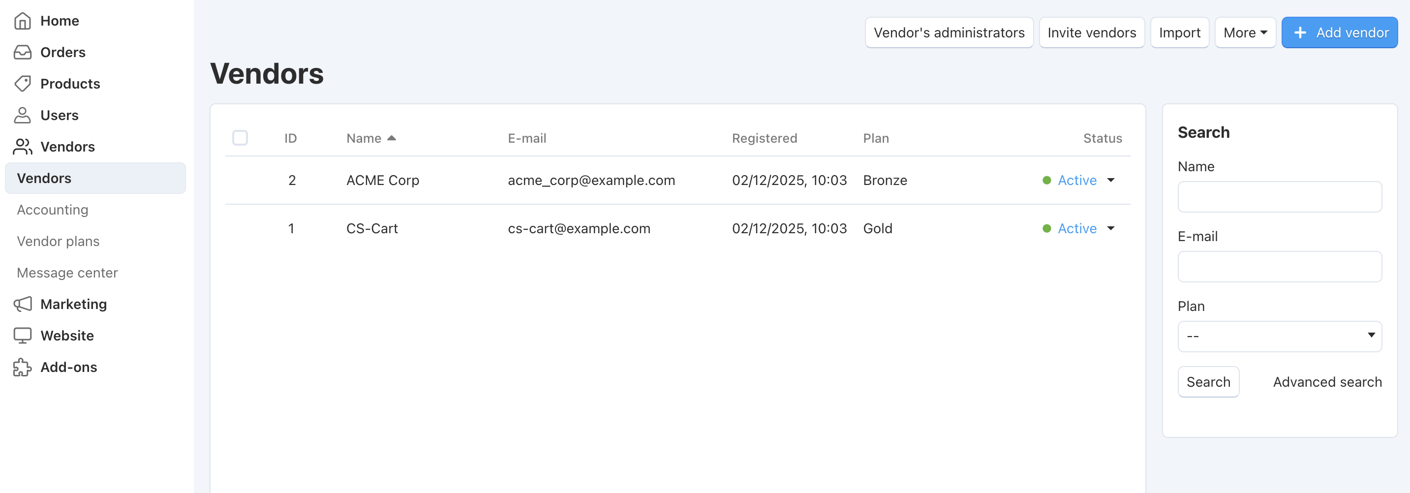 A list of vendors in Multi-Vendor.