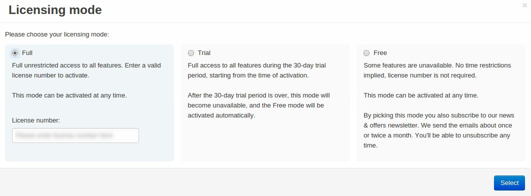 Enter your CS-Cart license number, get a 30-day trial or use the free version.