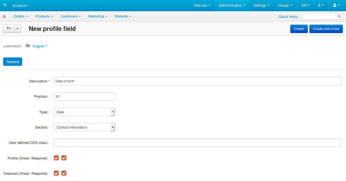 Specify the properties of the profile field.