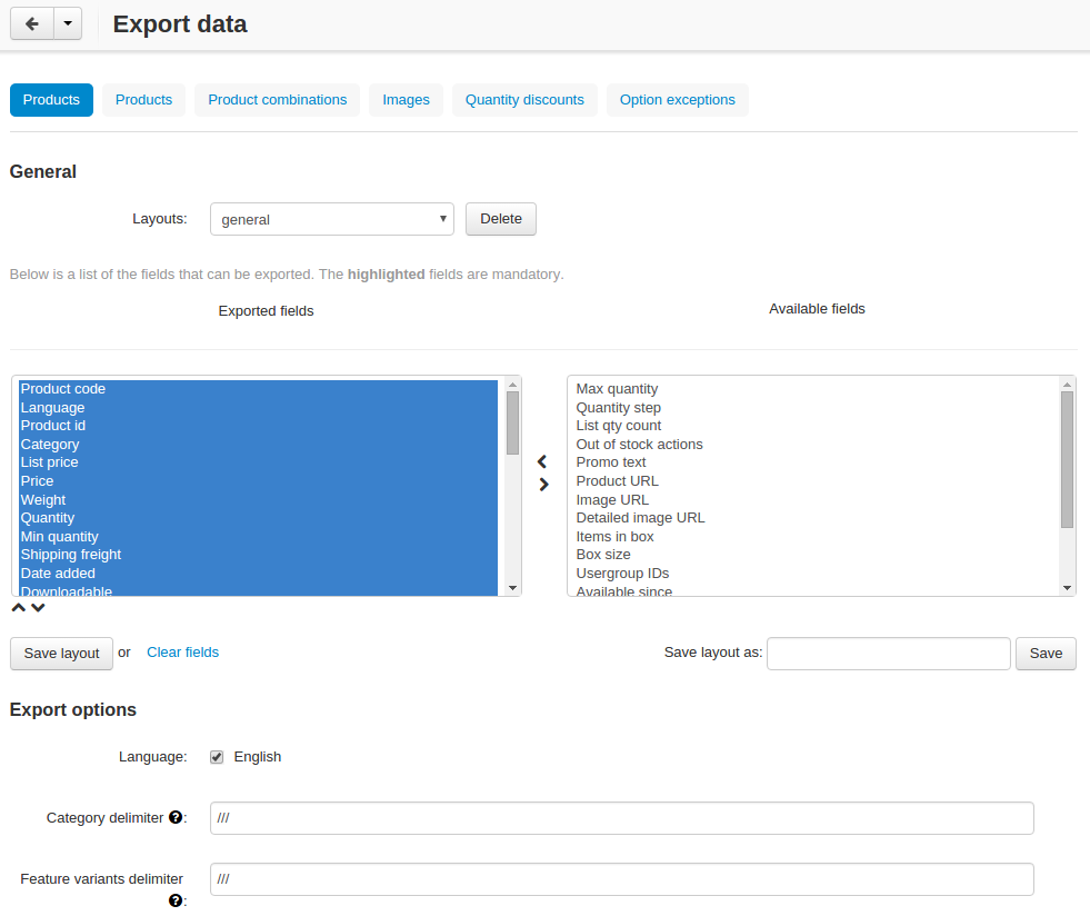Selecting the product properties that will be exported.