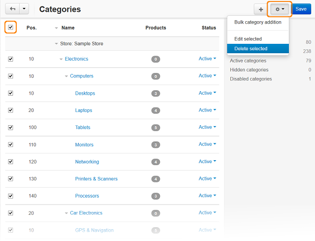 Select all categories and click Delete Selected to delete all the categories at once.