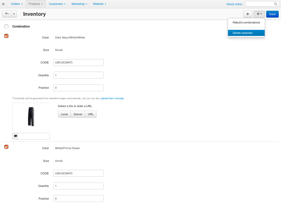 Delete multiple combinations by ticking their checkboxes and using the gear button in the top right corner.