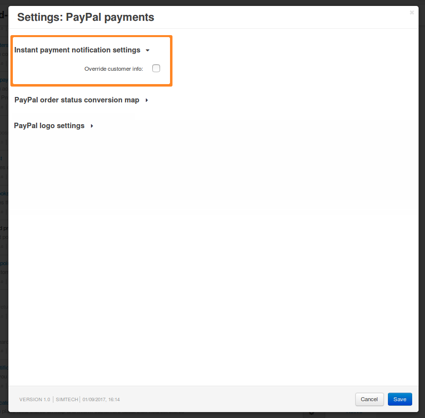 IPN settings of the PayPal Payments add-on