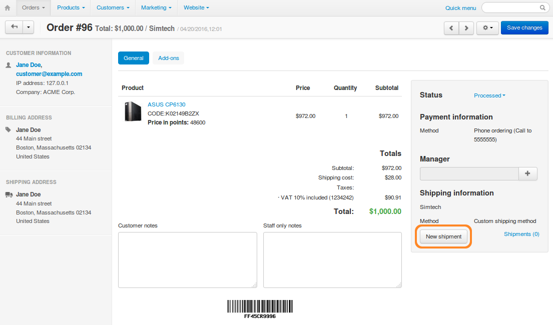 Press the Create New Shipment button in the Shipping Information section to create a new shipment.