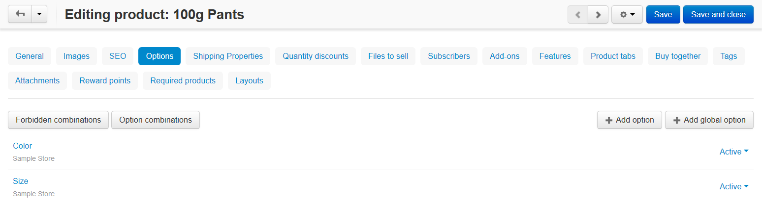 The "Options" tab of the product editing page.