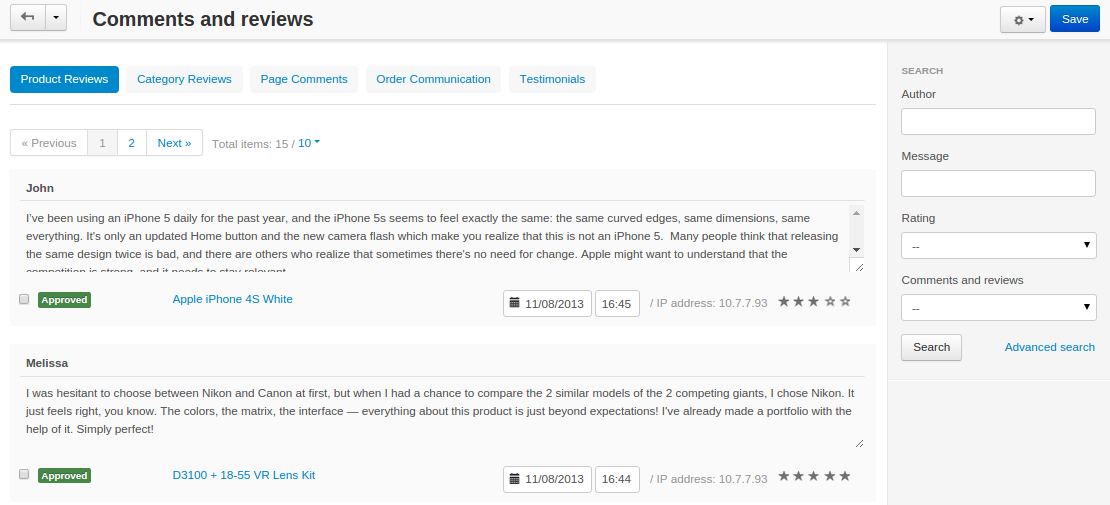 Browse and edit reviews and comments under Website → Comments and reviews.