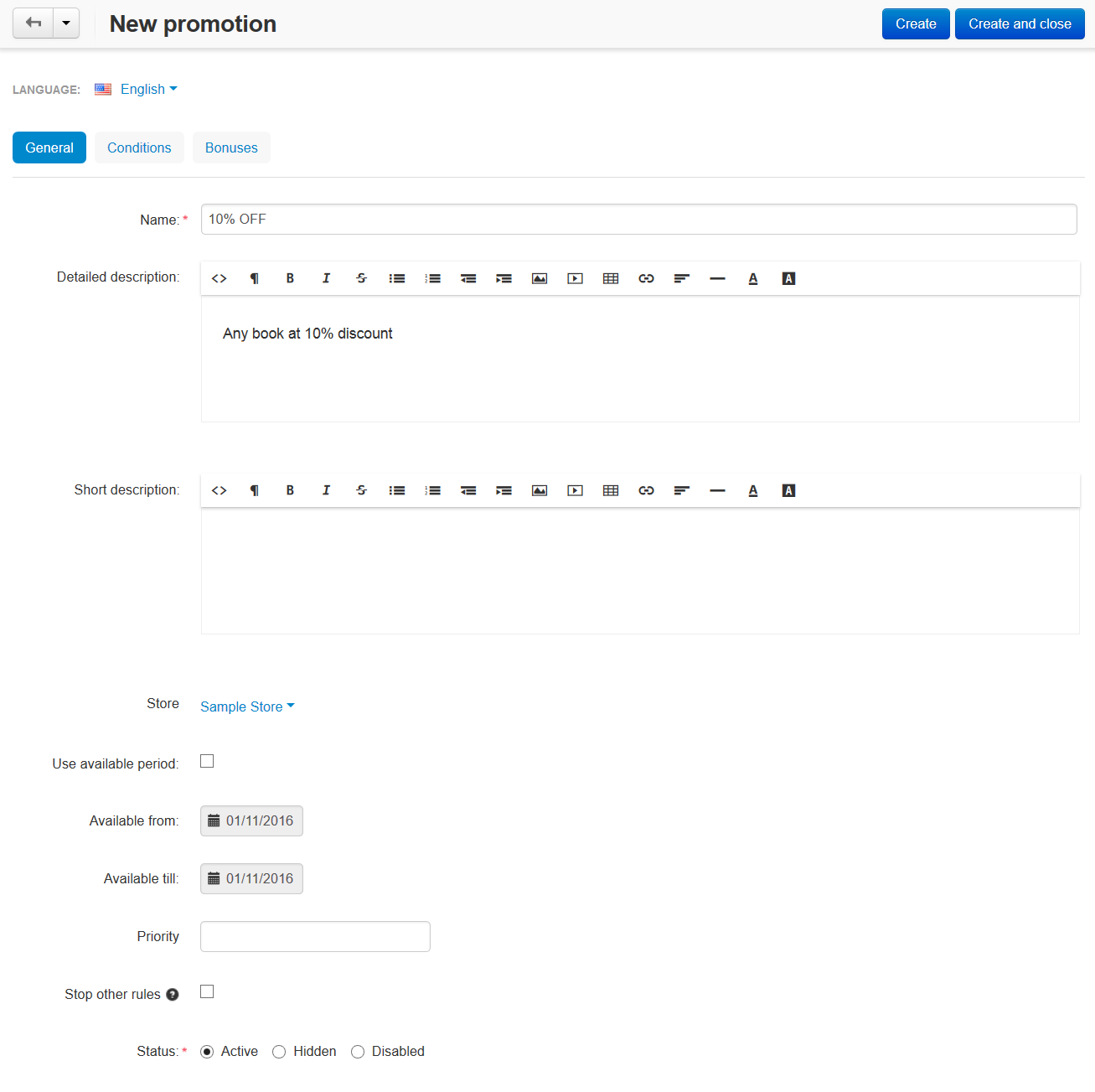 The General tab of the promotion creation form in CS-Cart.