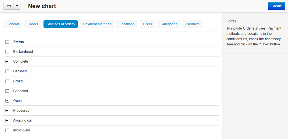 The "Statuses of orders" tab on the chart editing page in CS-Cart and Multi-Vendor.