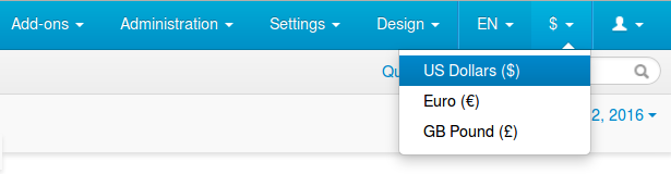The primary currency always appears in the Administration panel's currency selector since version 4.3.7.