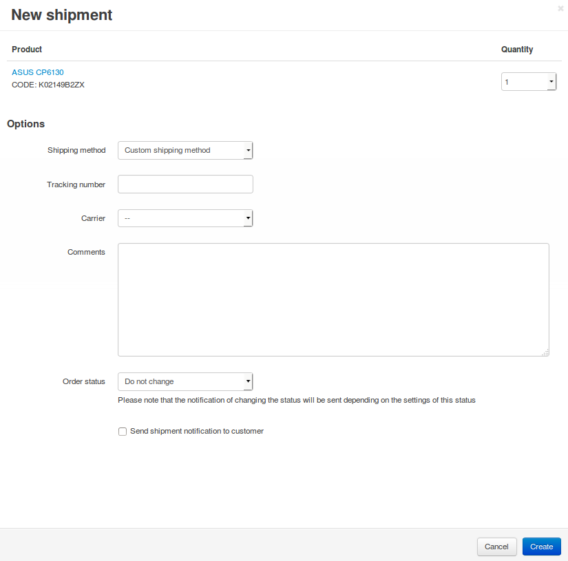 Fill in the form and press the Create button to create a shipment.