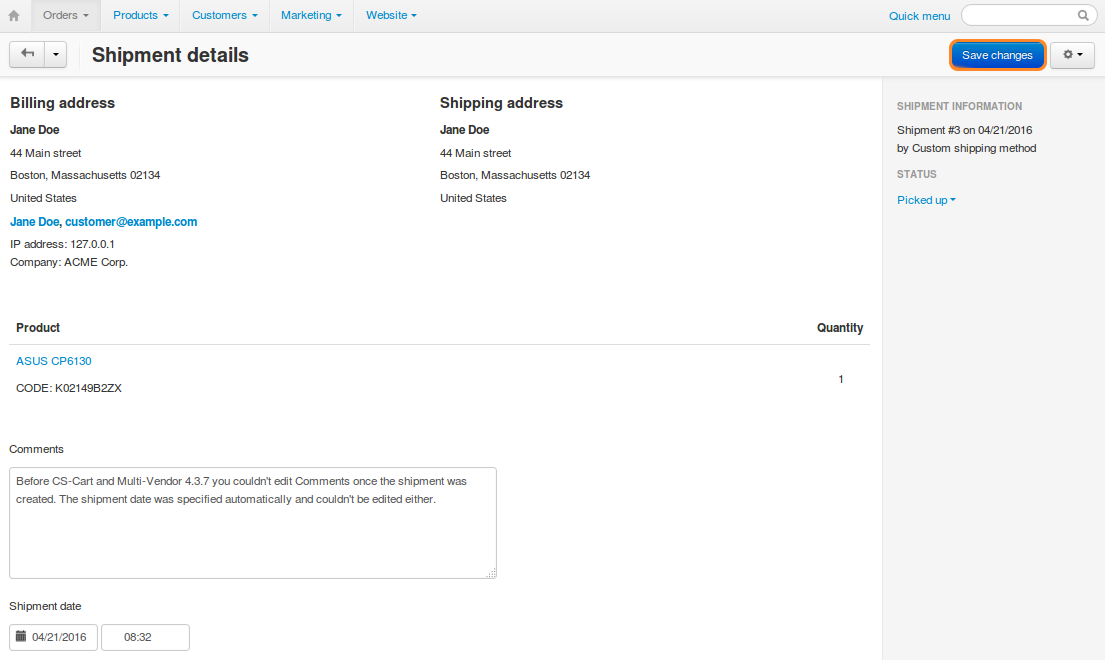 Beginning with CS-Cart & Multi-Vendor 4.3.7, you can edit the comments and the date of the shipment.