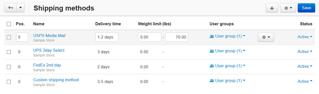 Shipping methods list