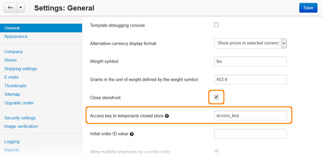 Tick the Close Storefront checkbox under Settings → General, then specify your access key to be able to view the closed store.
