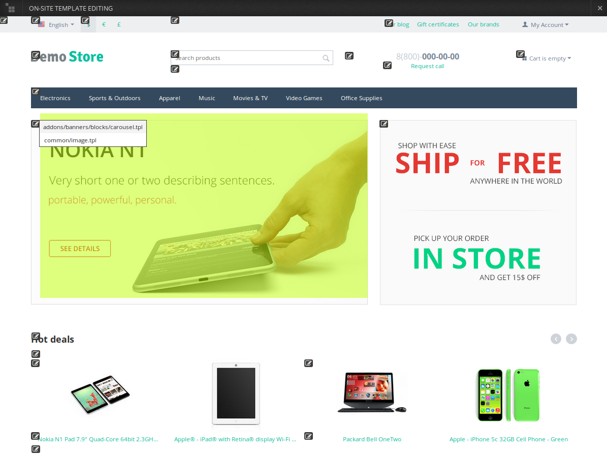 CS-Cart storefront in the template editing mode