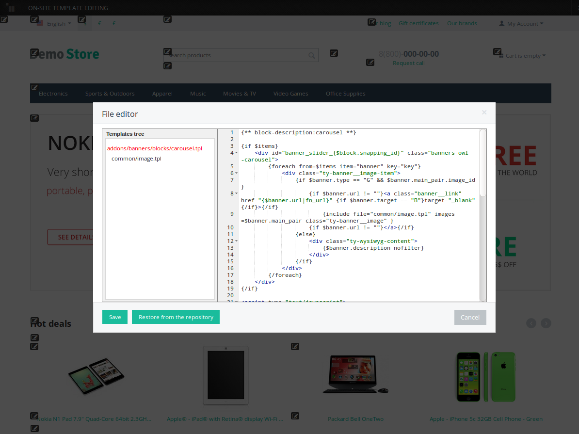 A pop-up window allows editing a template file on the storefront