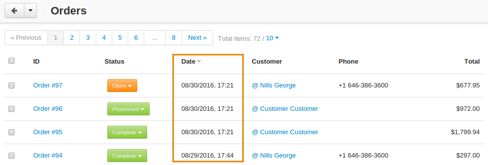 Date and time on the orders page