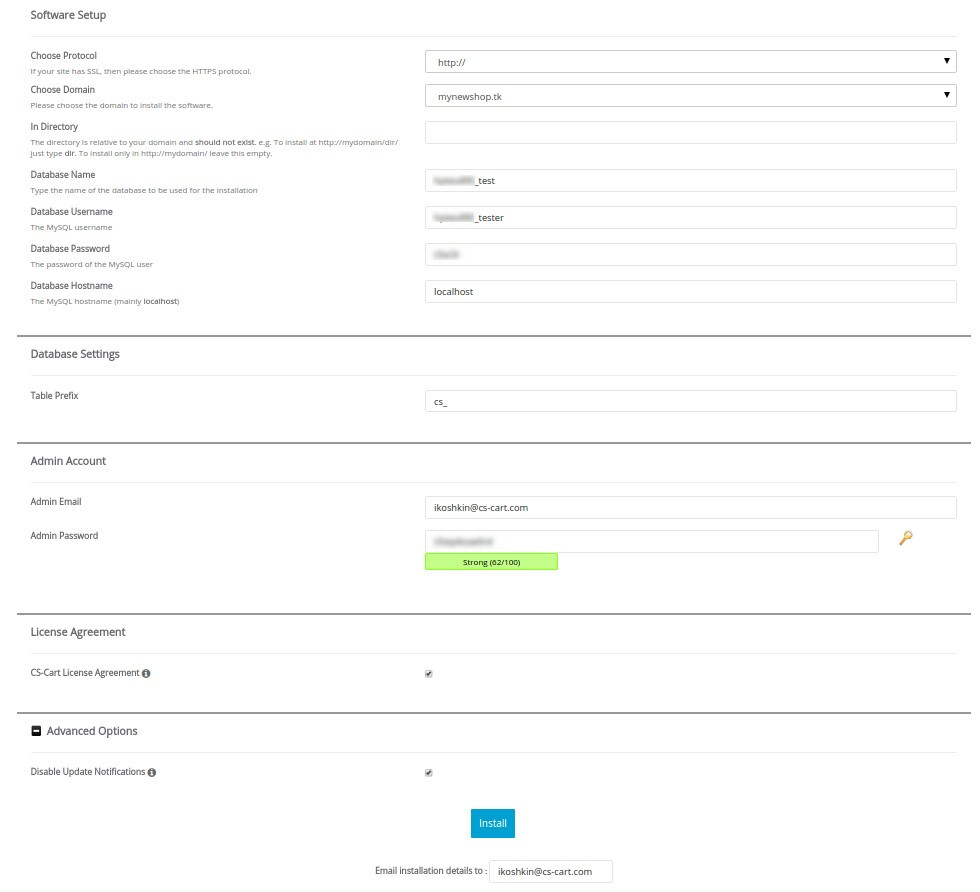 Enter the information that CS-Cart requires to install properly.