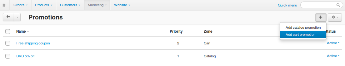 Open the list of promotions and use the plus button to add a cart promotion.