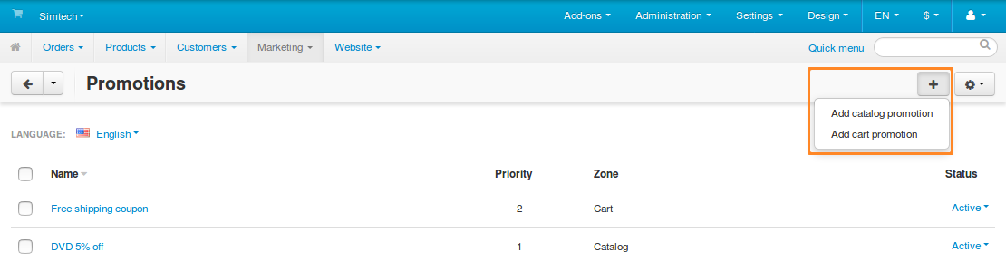 The "Marketing → Promotions" page allows you to create cart and catalog promotions.