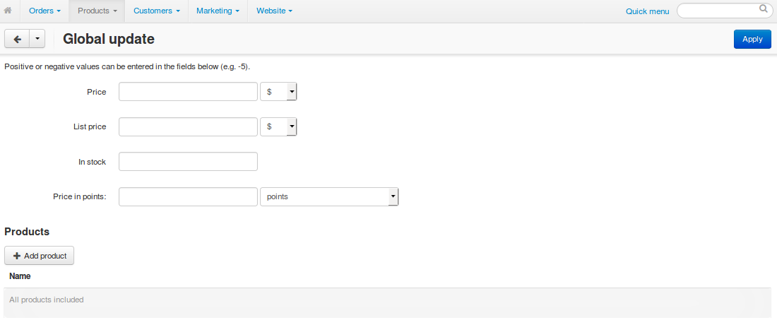The global update page allows you to adjust prices and stock of all products at once.