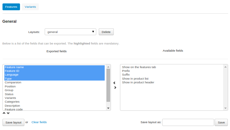 Different types of data have different fields available for export.