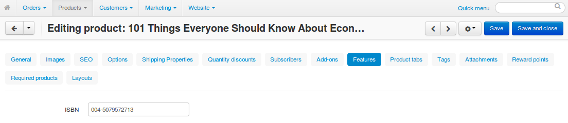 The Features tab allows you to edit the features of the product.