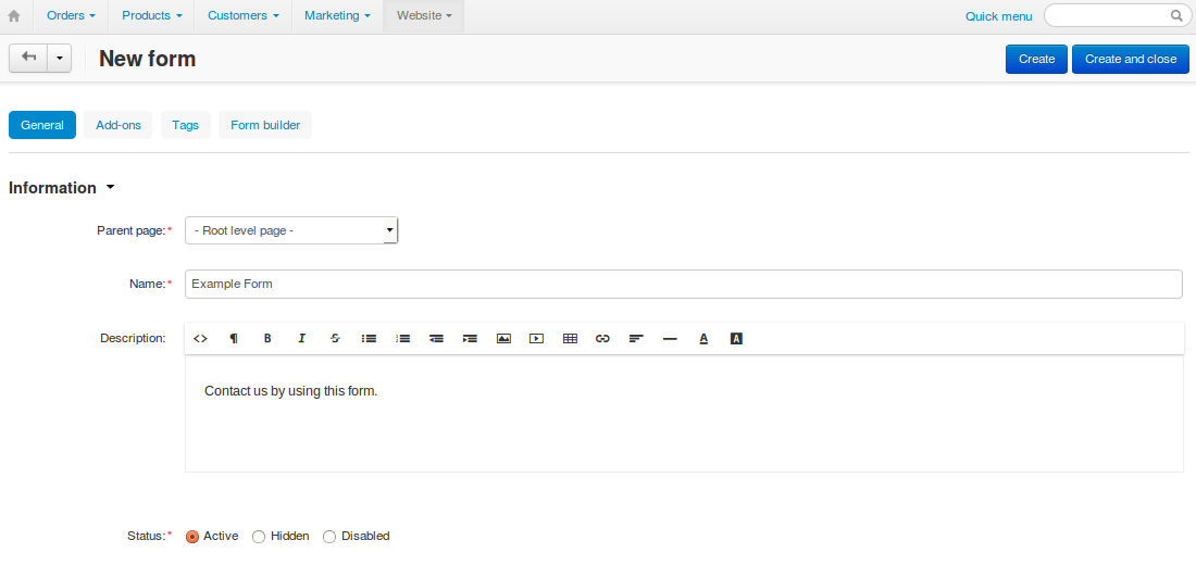 Enter the name of the form and select the parent page on the general tab.