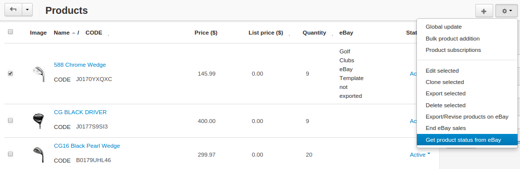 Retrieving product status from eBay for particular products.