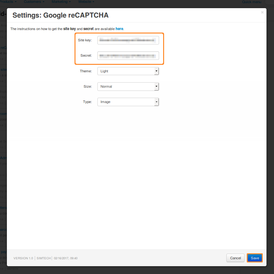 The settings of the Google reCAPTCHA add-on.