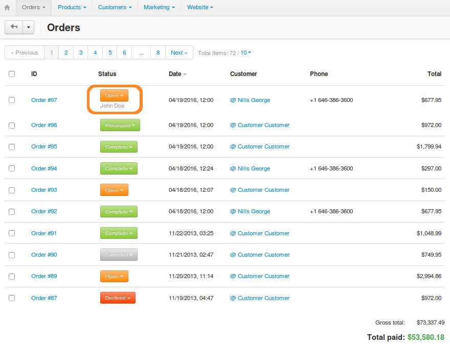 The name of the manager assigned to the order appears on the order list below the order status.
