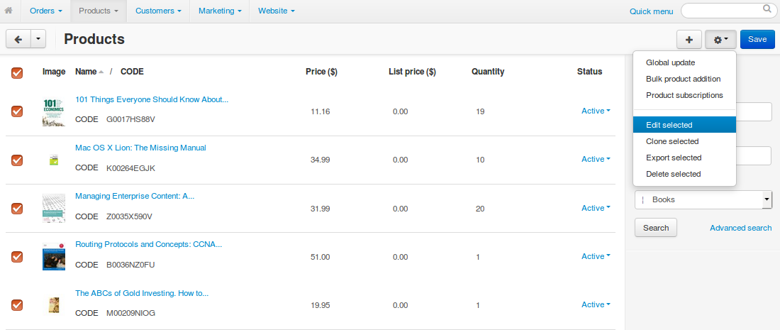 Use CS-Cart bulk editing tools to specify features for multiple products at once.